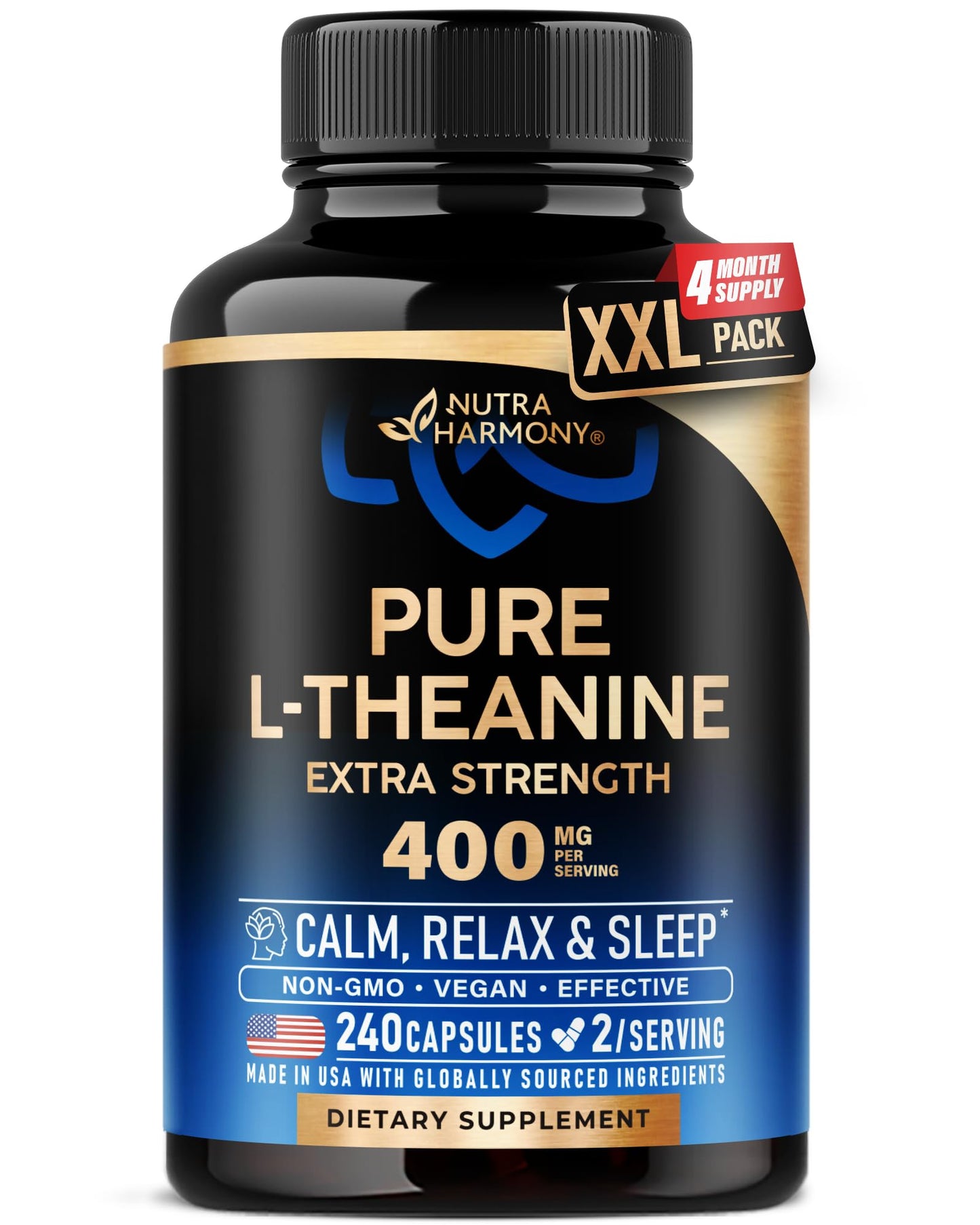 L Theanine 400 mg | L-Theanine Stress Relief | Extra Strength Supplement | Lab Tested | Relaxation, Sleep & Calm Support | For Men & Women | Plant Based, Non-GMO & Gluten-Free | 120 Vegan Capsules