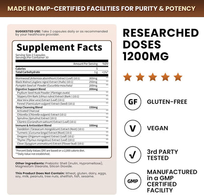 Wormwood Black Walnut Cleanse for Human 1200mg - Gut Health Supplement | Plus Pumpkin Seed Oil,Clove,Activated Charcoal for Daily Digestive Balance - Men & Women Probiotic Capsules -Vegan, 60 Count