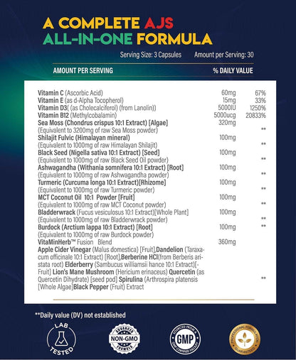 AJS Sea Moss Capsules 3200mg with Himalayan Shilajit 1000mg, Black Seed Oil