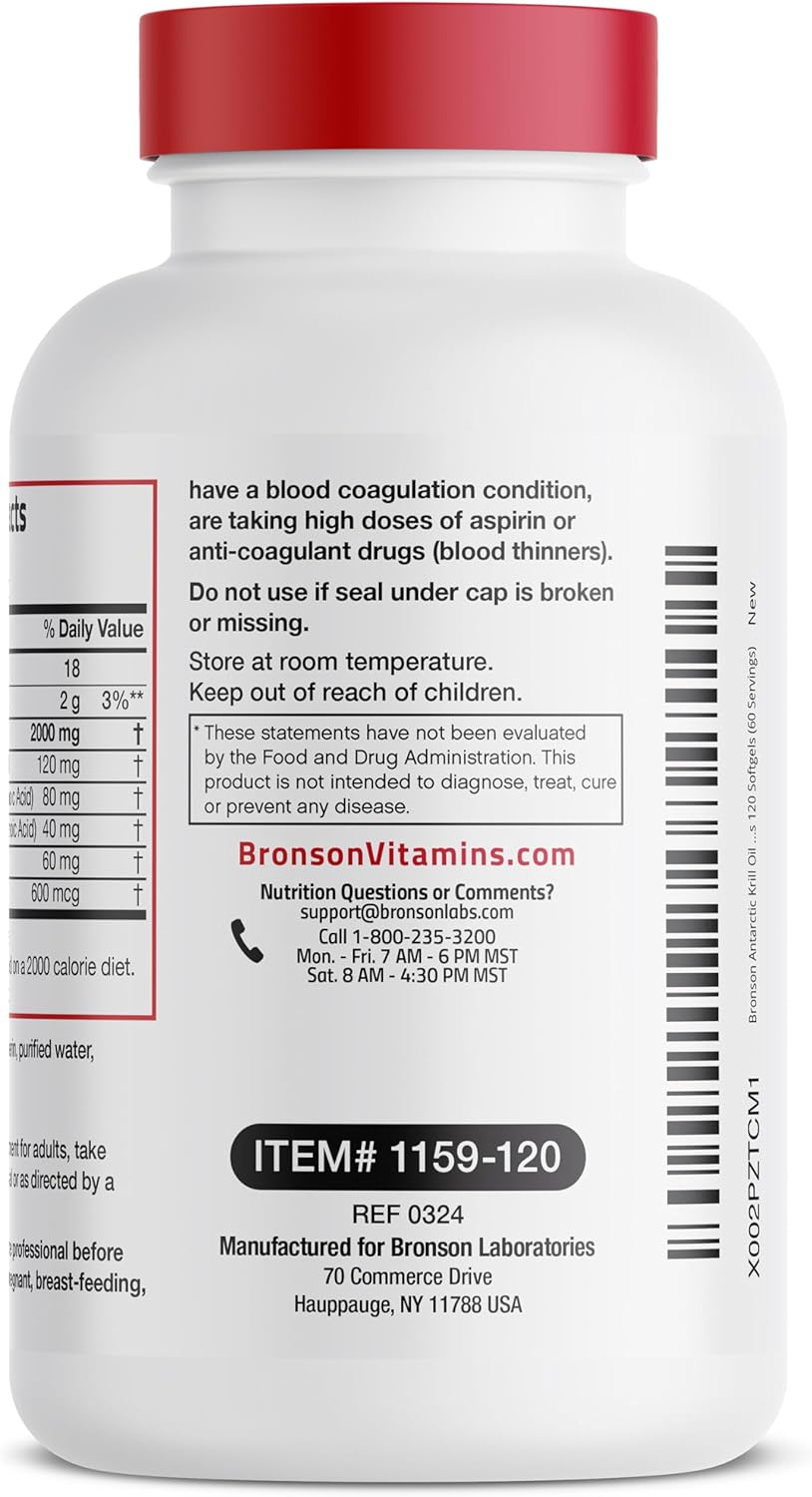 Bronson Antarctic Krill Oil 2000 mg with Omega-3s, 120 Softgels | Heavy Metal Tested, with EPA, DHA, Astaxanthin and Phospholipids, Non-GMO, Gluten Free, Soy Free