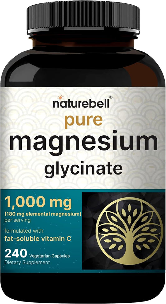 NatureBell Pure Magnesium Glycinate 1,000 mg, 240 Vegetarian Capsules | 1,000 mg Magnesium Glycinate Per Serving - Chelated Magnesium Form with Vitamin C – Non-GMO, Filler Free, cGMP Manufactured