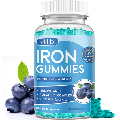 Iron Gummies with Multivitamin, Iron Supplement for Women & Men with Zinc, Vitamin B Complex & C, B12, Folate - Blood Builder & Energy Support for Adults & Kids - Strawberry Flavor, Vegan 60 Gummies