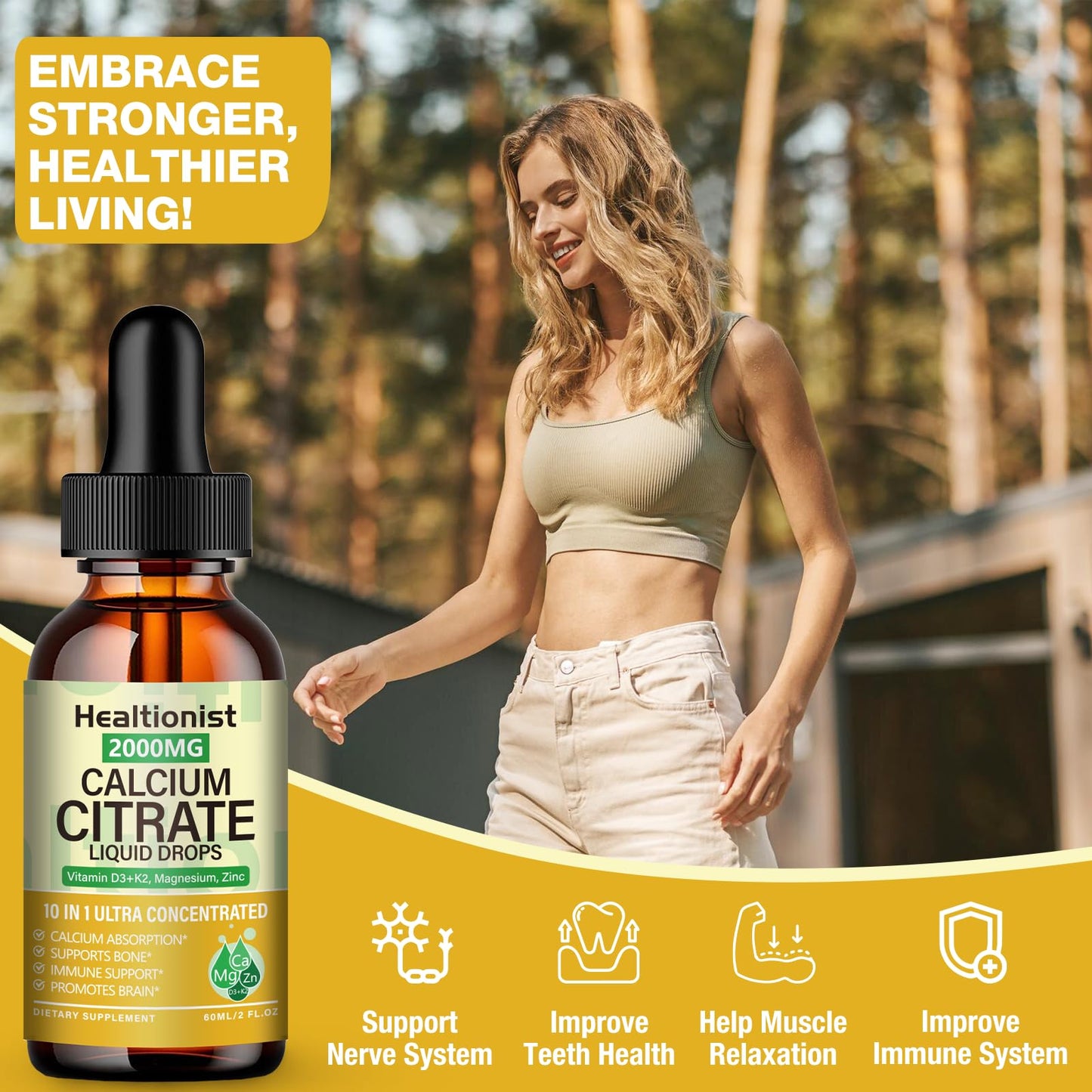 2 Packs 2000mg Calcium Citrate with Vitamin D3 K2 Supplements Liquid Drops for Women & Men, Magnesium, Zinc, High Absorption, Bone, Teeth, Muscle & Immune Support, 4 Fl oz