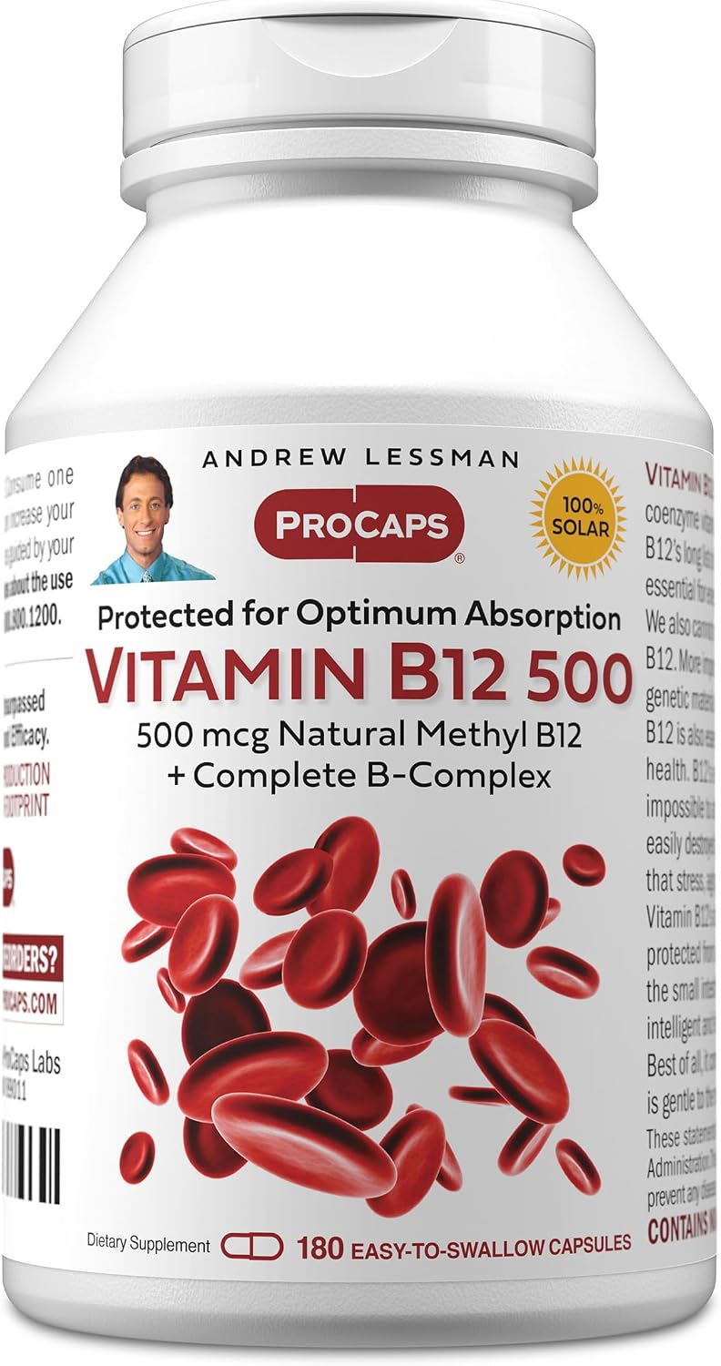 ANDREW LESSMAN ProCaps Vitamin B12 500 mcg with B-Complex 180 Capsules | Absorption-protected Methylcobalamin with B-Complex supports energy, brain, heart and nervous system health.