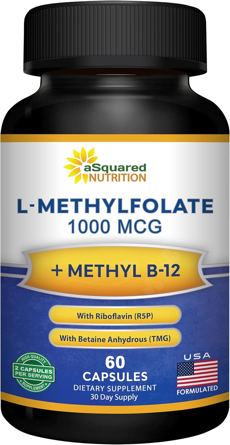 aSquared Nutrition L Methylfolate Plus Methyl B12 - Methylated Folate Supplement for Women & Men - 5-MTHF (Active Vitamin B9) 1000 mcg & B-12 1mg - B Complex - 60 Capsules