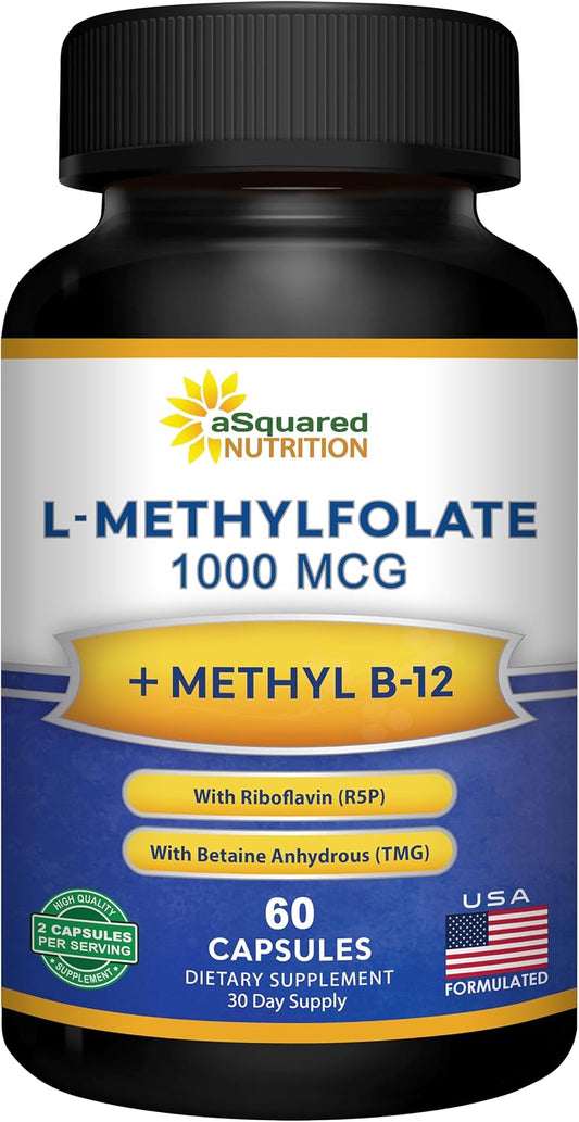 aSquared Nutrition L Methylfolate Plus Methyl B12 - Methylated Folate Supplement for Women & Men - 5-MTHF (Active Vitamin B9) 1000 mcg & B-12 1mg - B Complex - 60 Capsules
