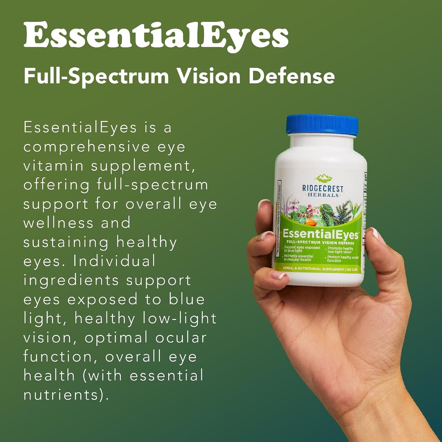 RidgeCrest Herbals EssentialEyes Eye Vitamins for Vision Support 120 Ct | 30 Servings, Lutein, Zeaxanthin, Bilberry Extract, Natural Ocular Health Formula, Vegan Capsules, Daily Use