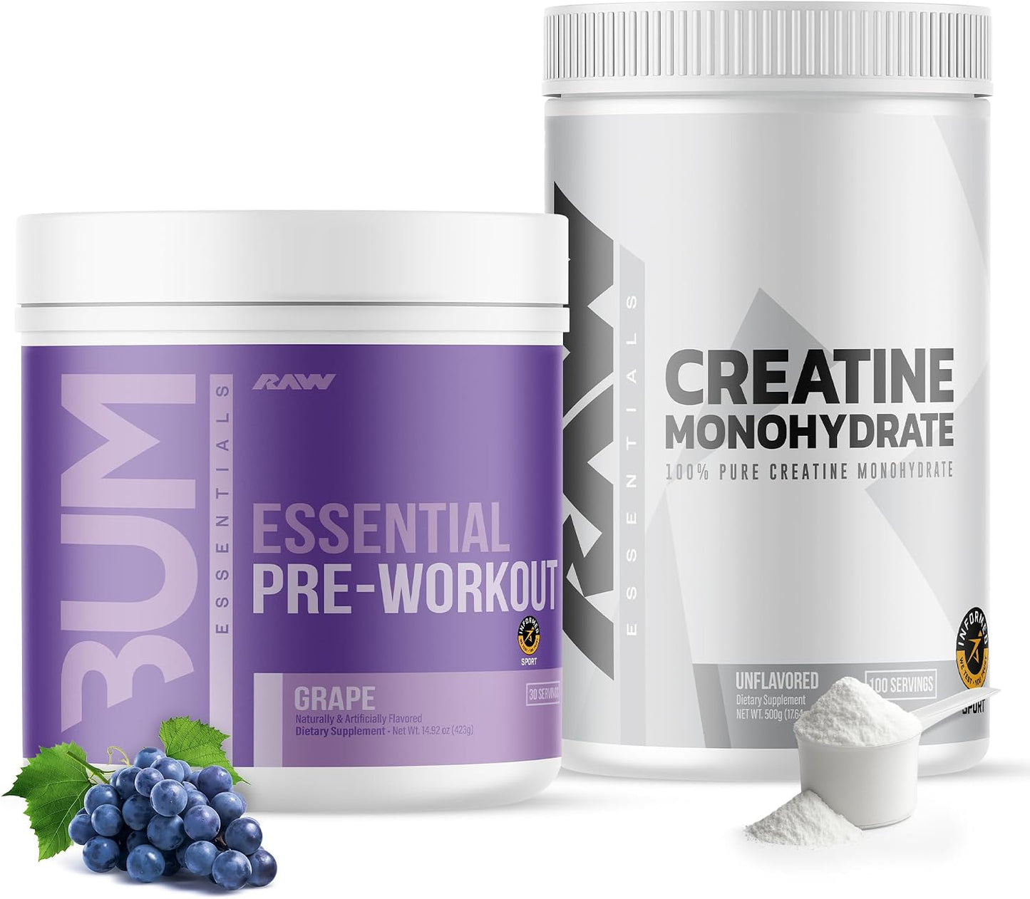 RAW Nutrition Creatine Monohydrate & Grape Pre-Workout Powder Bundle