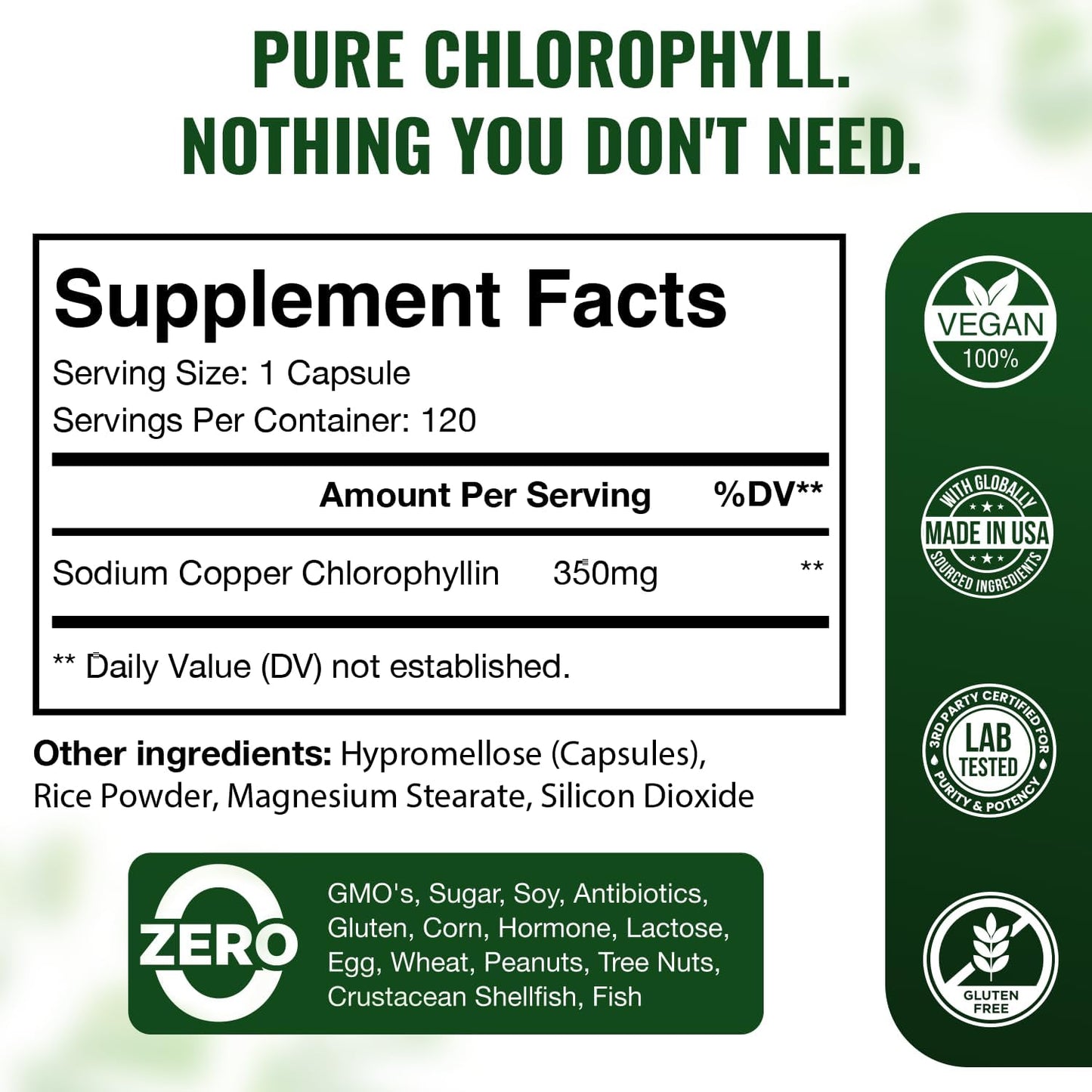 Chlorophyll Capsules 350mg – High Potency Sodium Copper Chlorophyllin Supplement for Internal Freshness, Detox, Digestion, Immune & Skin Health – Easy to Swallow – Made in USA – 120 Vegan Cap