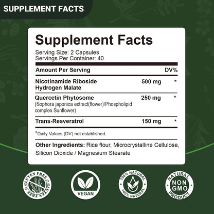 Airboy NAD+ Supplement with Nicotinamide Riboside Resveratrol & Quercetin 900 mg, NMNH Alternative for Men and Women Support Anti-Aging, Energy, Focus - 80 x 2 Pack Capsules