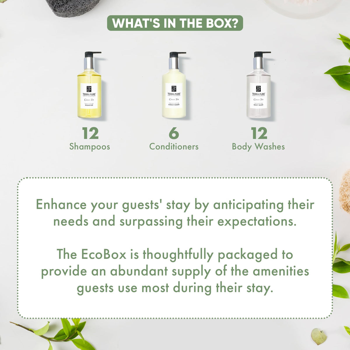Terra Pure 1-Shoppe 30 Piece Ecobox All-In-Kit | Green Tea Soap | 12 Shampoo, 6 Conditioner