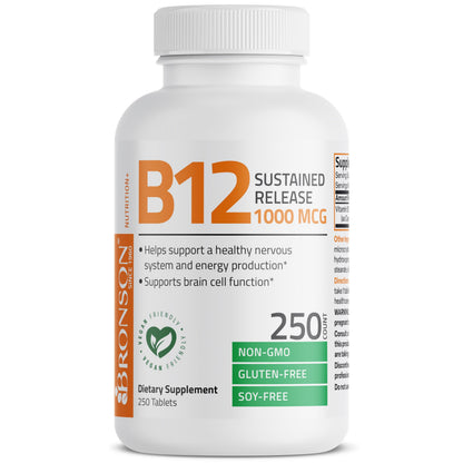 Bronson Vitamin B12 1000 mcg Sustained Release Premium Non GMO Tablets Supports Nervous System, Healthy Brain Function and Energy Production, 100 Count