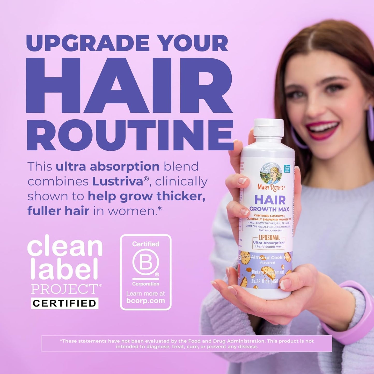 MaryRuth's Hair Growth Max Liposomal for Women | Lustriva® + Biotin 10000mcg + Pumpkin Seed Oil | Thicker Hair | Hair Care | Wrinkles, Fine Lines, Skin Care | Ages 18+ | CLP Certified | 15.22 Fl Oz