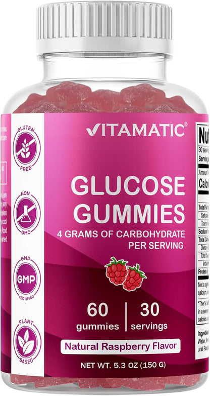 Vitamatic Glucose chewable Gummies - 60 Count - Natural Raspberry Flavor - 4G of Carbohydrate per Serving (1 Bottle) | 4 g Carbohydrates per Serving, Pectin-Based, Gluten Free, Non GMO