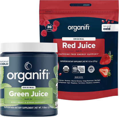 Organifi Green Juice and Red Juice Bundle - 30 Day Supply - Delicious, Refreshing Organic Superfood Supplement Powder With Antioxidants for Energy and Stress Relief Support - No GMO, Gluten, or Soy