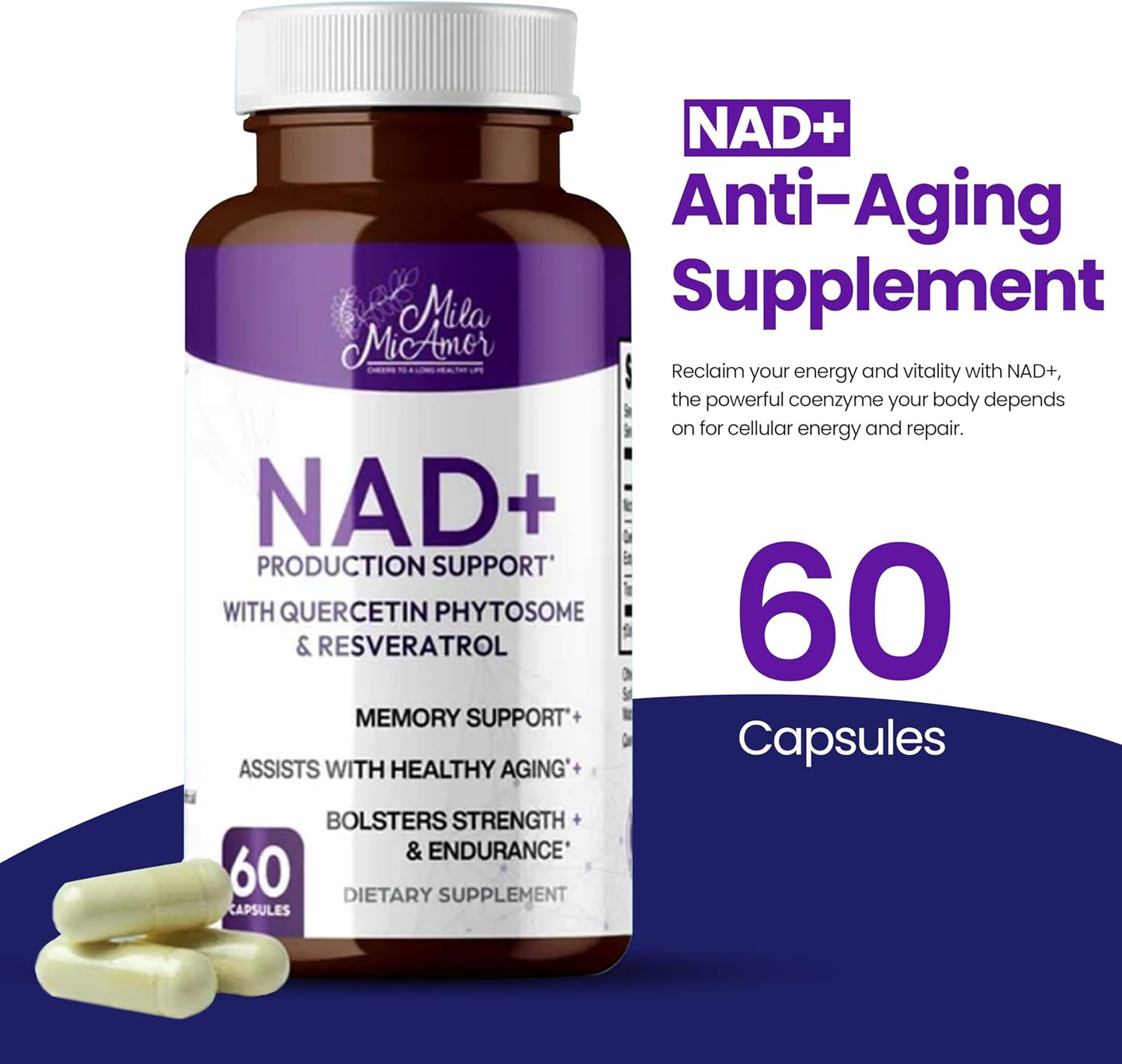 Mila Miamor NAD+ for Cellular Energy & Anti-Aging Supplement| Boost Focus, Vitality & Mitochondrial Function | Supports DNA Repair, Brain Health & Endurance | Non-GMO, Gluten-Free | 60 Capsules