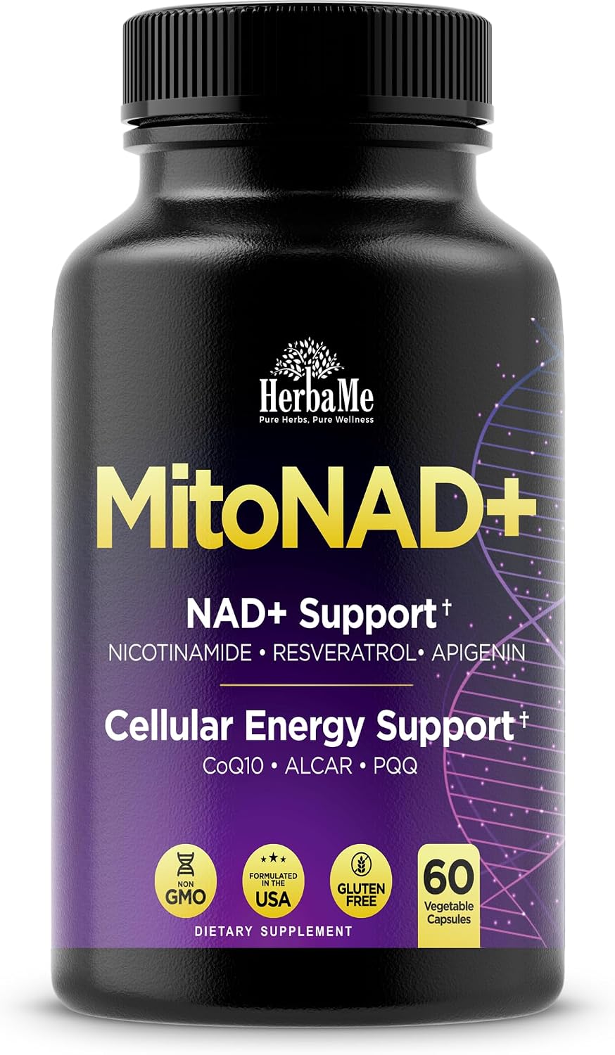 HerbaMe NAD+ Support Supplement - Multi-Pathway Cellular Energy Formula with Nicotinamide, CoQ10, PQQ, Resveratrol & Apigenin - Mitochondrial Support & Healthy Aging - 60 Capsules