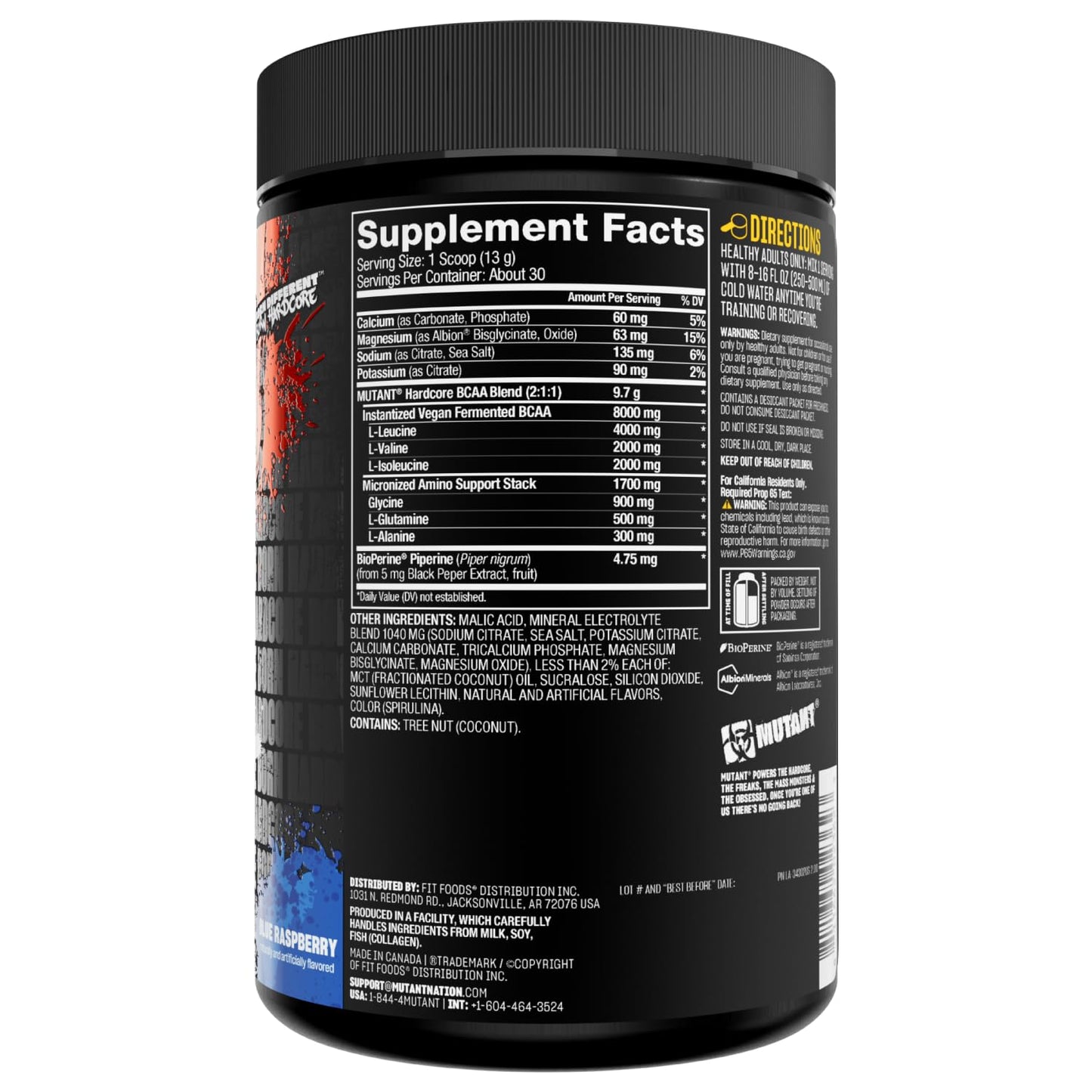 Mutant Hardcore BCAA - Pre, Intra or Post Workout – BCAA Next Level branched-Chain Amino Acids Supplement – Hydration + Recovery - 30 Serving - Blue Raspberry