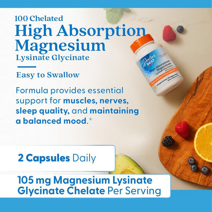 Doctor's Best High Absorption Magnesium Glycinate Lysinate Supplement for Sleep Support - Chelated Magnesium Capsules for Women & Men, 105 mg per Serving, Calm Support, Vegan - 120 Veg Caps