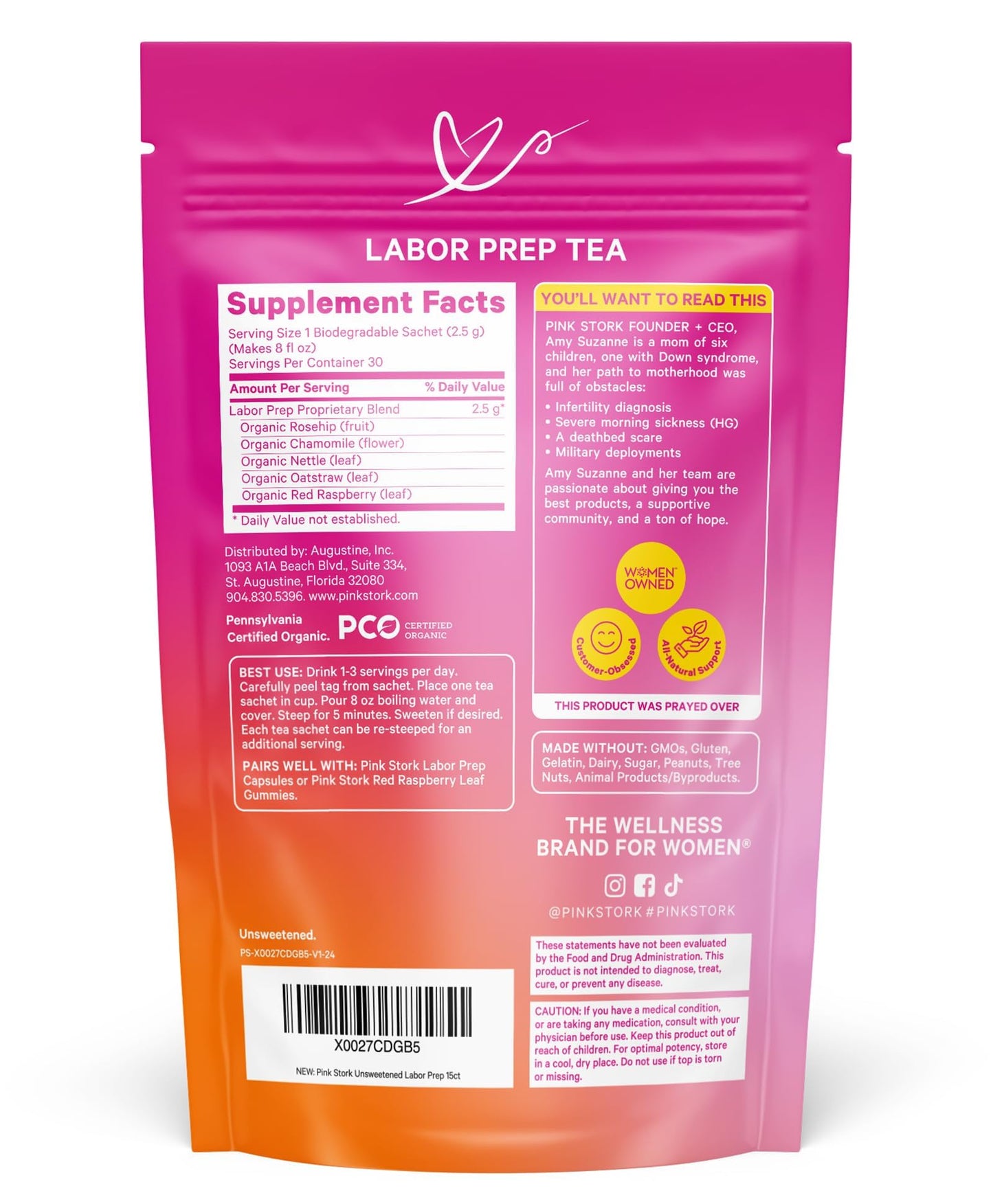 Pink Stork Organic Labor Prep Tea, Sweet Floral Flavor, 30 Cups | Red Raspberry Leadf, Chamomile + Rosehip, Caffeine-Free, Third Trimester Pregnancy, 15 Sachets