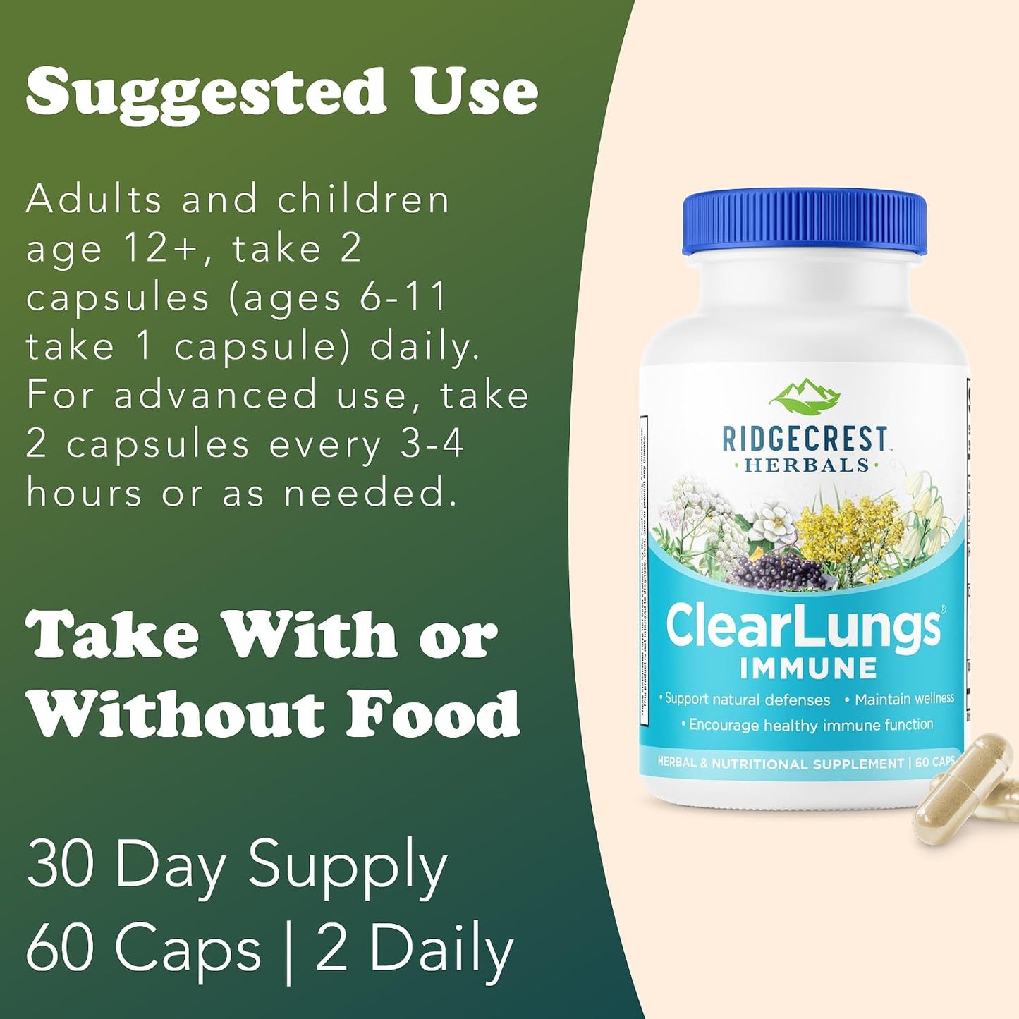 RidgeCrest Herbals ClearLungs Immune Mullein, Elderberry and Zinc 60 Ct | 30 Servings, Vitamin C and A, Olive Leaf, Mullein, Natural Respiratory Wellness, Vegan Capsules, Daily Immune Blend