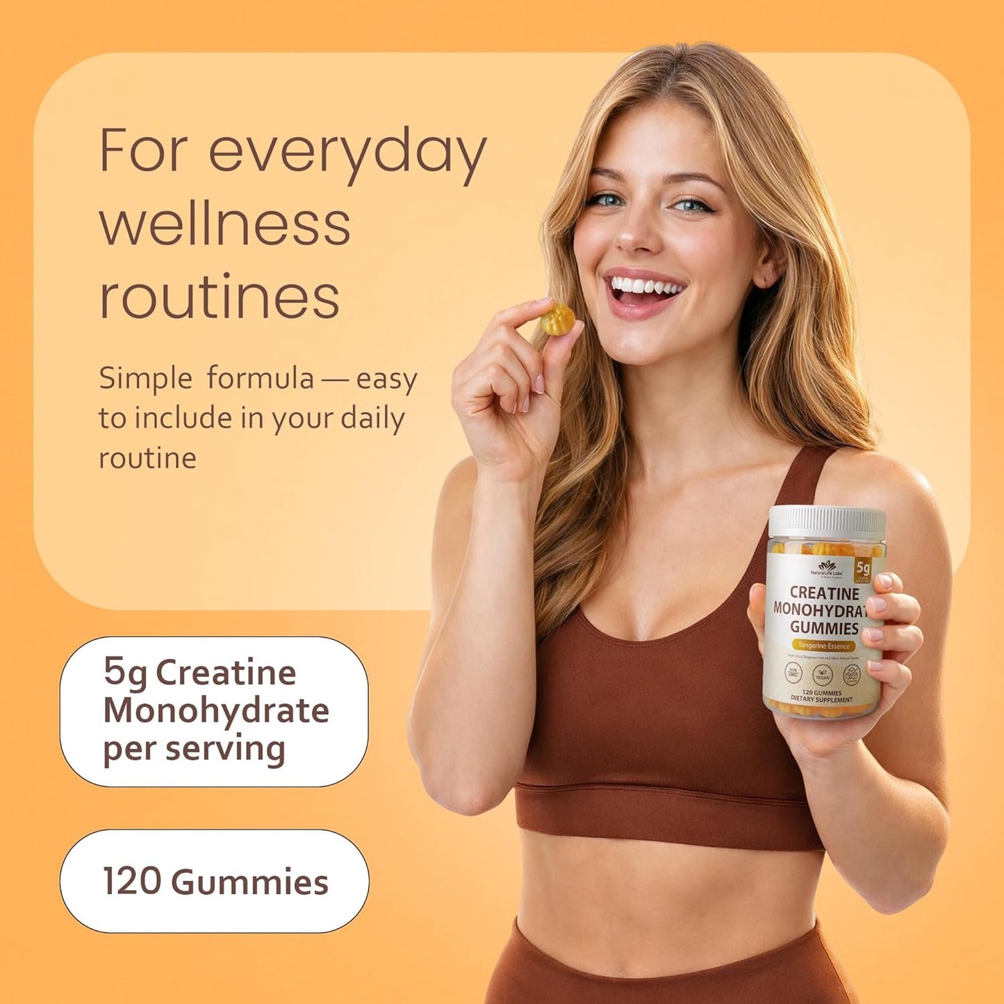 NaturaLife Labs Creatine Monohydrate Gummies - 5g per Serving - Tangerine Flavor - 120 Gummies - Gluten-Free, Non-GMO, Vegan, Sugar Free