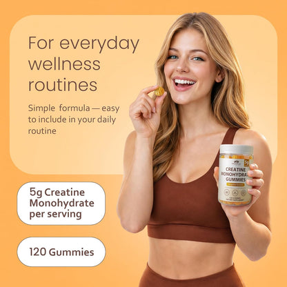 NaturaLife Labs Creatine Monohydrate Gummies - 5g per Serving - Tangerine Flavor - 120 Gummies - Gluten-Free, Non-GMO, Vegan, Sugar Free