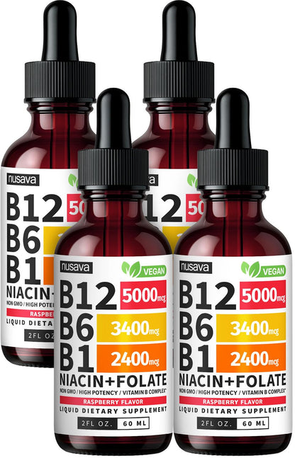 NUSAVA (2 Pack) Vitamin B12 Liquid Drops with B6, B1, Niacin & Folate — B12 Sublingual Vitamin B Complex, Methylcobalamin 5000 mcg, for Energy, Brain & Heart Support, Raspberry Flavor, 80 Servings