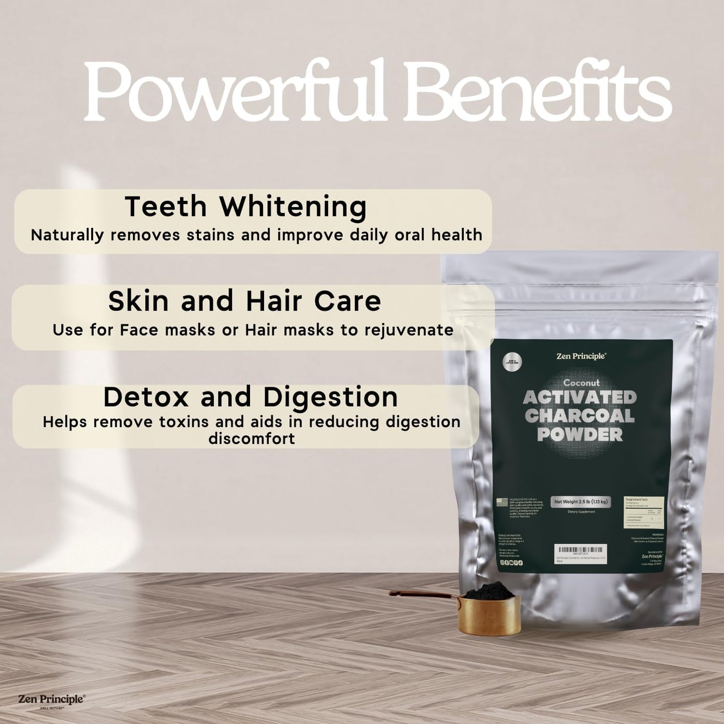 Zen Principle Coconut Activated Charcoal Powder. Whitens Teeth, Rejuvenates Skin and Hair, Supports Better Digestion. USA-Owned Producers, 2.5 lb