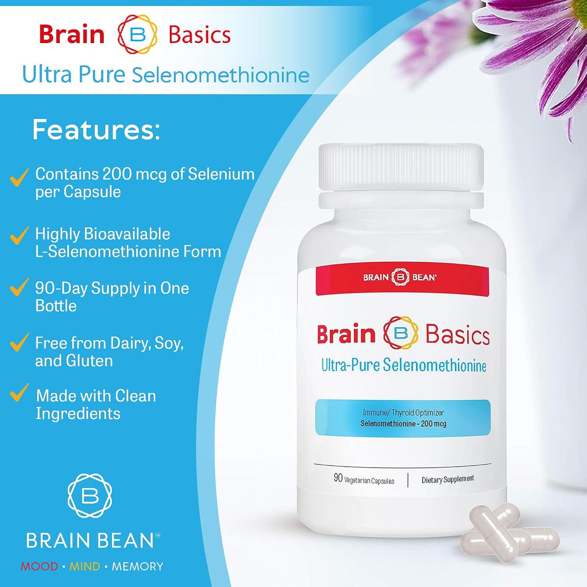 Brain Basics Ultra-Pure Selenomethionine - Proper Thyroid Function and Immune System Support - 200 mcg Most Bioavailable Selenium - 90 Servings