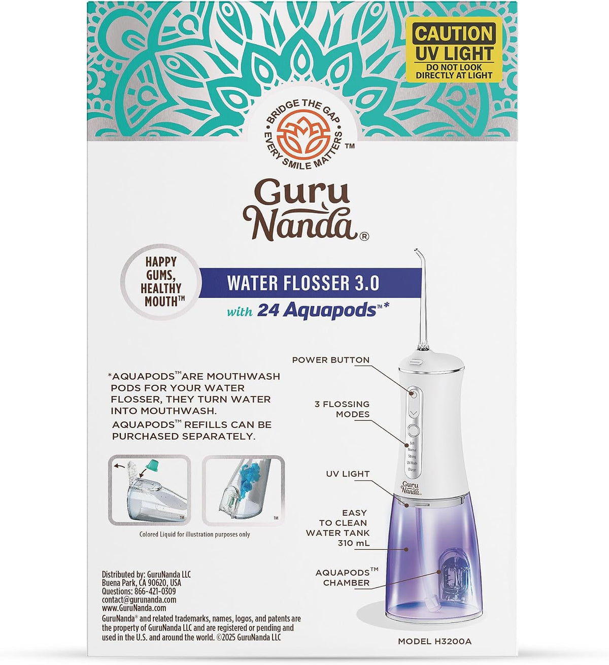 GuruNanda Advanced Dental Water Flosser 3.0 with UV Mode Water Flosser & 24 Aquapods with Mouthwash for Fresh Breath & Plaque Removal, Compact & TSA-Friendly
