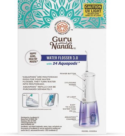 GuruNanda Advanced Dental Water Flosser 3.0 with UV Mode Water Flosser & 24 Aquapods with Mouthwash for Fresh Breath & Plaque Removal, Compact & TSA-Friendly