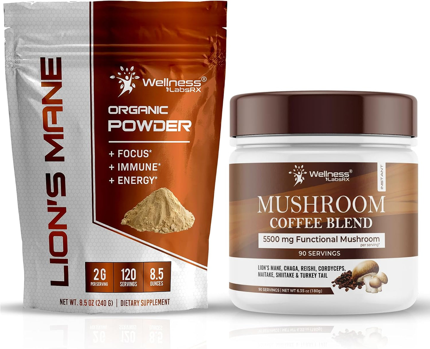 WELLNESS LABSRX Lions Mane Powder 2000mg - Mushroom Coffee Blend | Bundle