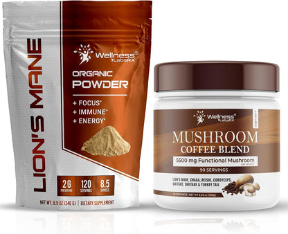 WELLNESS LABSRX Lions Mane Powder 2000mg - Mushroom Coffee Blend | Bundle