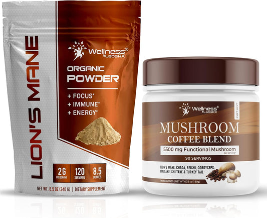 WELLNESS LABSRX Lions Mane Powder 2000mg - Mushroom Coffee Blend | Bundle