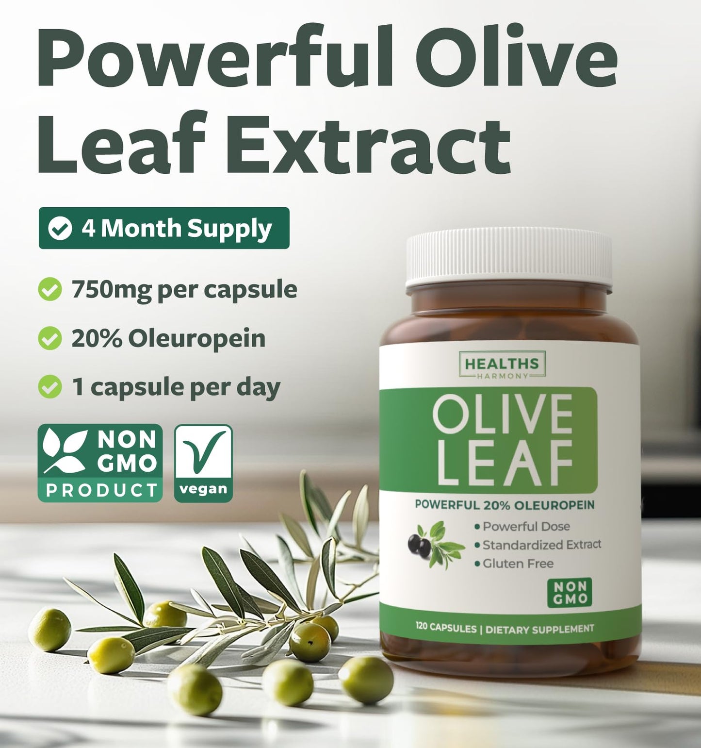 Super Strength Olive Leaf Extract Capsules - Vegan Non-GMO 750mg Olive Extract with 20% Oleuropein Antioxidant Supplement for Immunity Skin and Heart Health Support - Made in The USA (2 Month Supply)