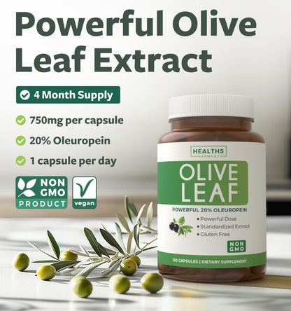 Super Strength Olive Leaf Extract Capsules - Vegan Non-GMO 750mg Olive Extract with 20% Oleuropein Antioxidant Supplement for Immunity Skin and Heart Health Support - Made in The USA (2 Month Supply)