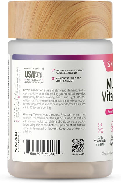 Snap Supplements Daily Multivitamin for Women, 60 Capsules | Daily Vitamins for Women with Minerals, Greens & Vegetables, Added Herbal Support Blends, Antioxidant Support, Non-GMO