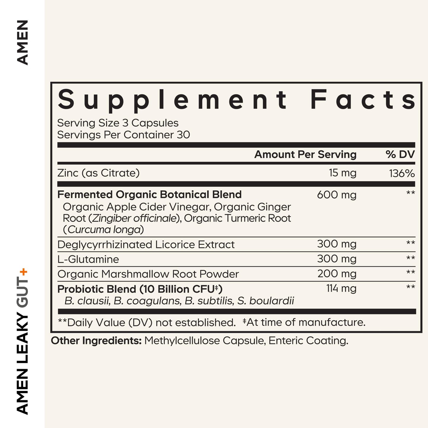 Amen Leaky Gut Supplement - Advanced Formula with Bioavailable L Glutamine, Zinc, Turmeric, DGL Licorice Root - Marshmallow Root - Probiotics & Fermented Prebiotics - Vegan, Non-GMO - 90 Capsules