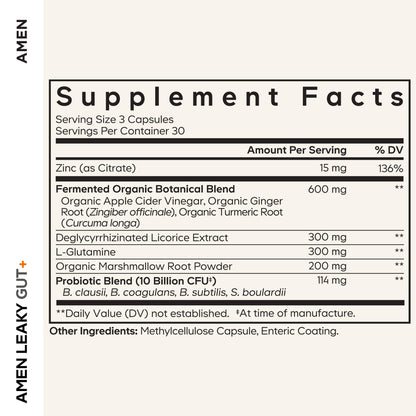Amen Leaky Gut Supplement - Advanced Formula with Bioavailable L Glutamine, Zinc, Turmeric, DGL Licorice Root - Marshmallow Root - Probiotics & Fermented Prebiotics - Vegan, Non-GMO - 90 Capsules