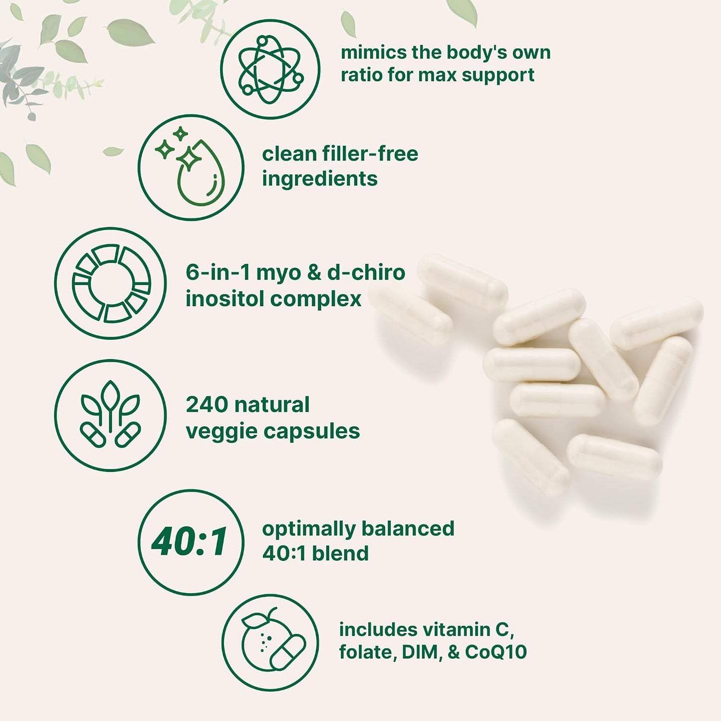 Myo-Inositol & D-Chiro Inositol 2,050mg | 240 Veggie Capsules + Vitamin C, Folate, DIM, & CoQ10 | Inositol Supplement for Women | 40:1 Ratio | Hormonal Balance & Ovarian Support | Filler Free