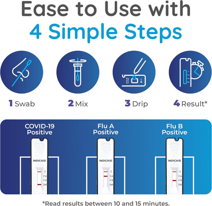 INDICAID COVID-19/Flu A+B 3-in-1 Antigen Test, Covid Flu Test Combo, 5 Tests, Accurate Results in 10 Minutes - Made in USA, Easy to Use at Home, School, Working Place, and when Traveling- FSA/HSA Eligible