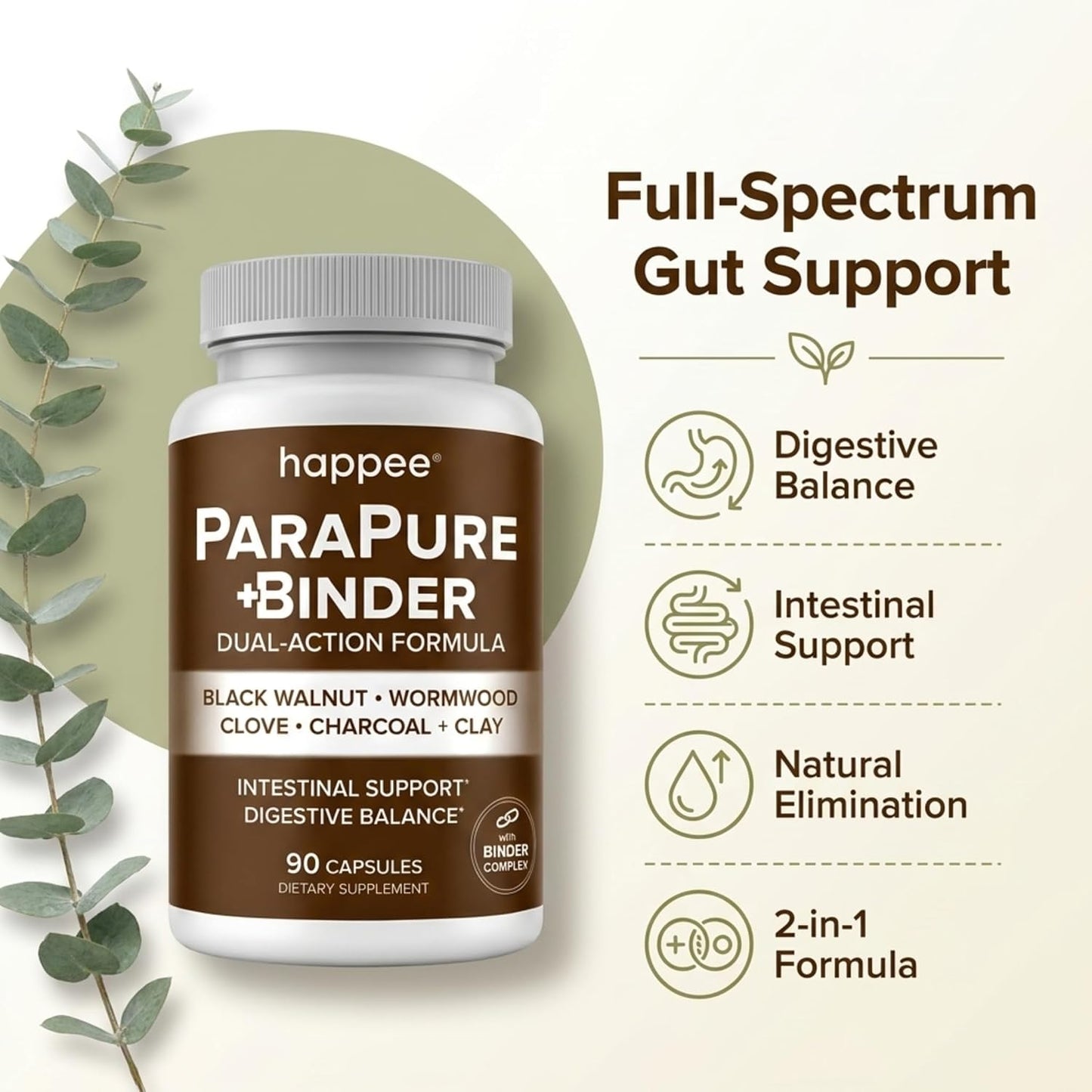 Happee ParaPure Cleanse with Binder for Humans, Intestinal Support, 2-in-1 | Wormwood, Black Walnut, Clove with Charcoal Binder for Digestive Balance (No Stack Needed) 90 Capsules