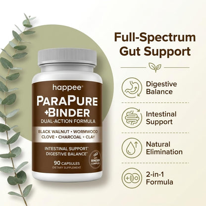 Happee ParaPure Cleanse with Binder for Humans, Intestinal Support, 2-in-1 | Wormwood, Black Walnut, Clove with Charcoal Binder for Digestive Balance (No Stack Needed) 90 Capsules