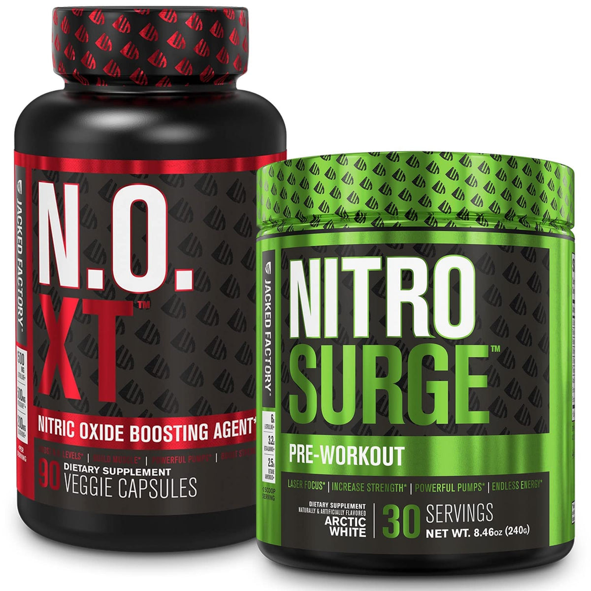 Jacked Factory Nitrosurge Pre-Workout in Arctic White & N.O. XT Nitric Oxide Booster
