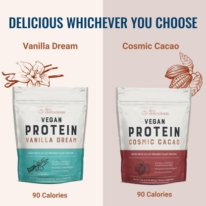 Live Conscious Cosmic Cacao - Organic Vegan Protein Powder, Chocolate Flavor, Plant-Based Blend - Pea Protein, Brown Rice, Pumpkin, Sacha Inchi - 20 Servings, 17 oz
