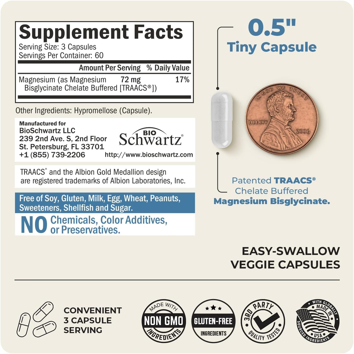 Magnesium Bisglycinate Chelated Supplement -180 Capsules