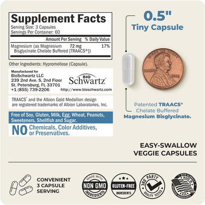Magnesium Bisglycinate Chelated Supplement -180 Capsules