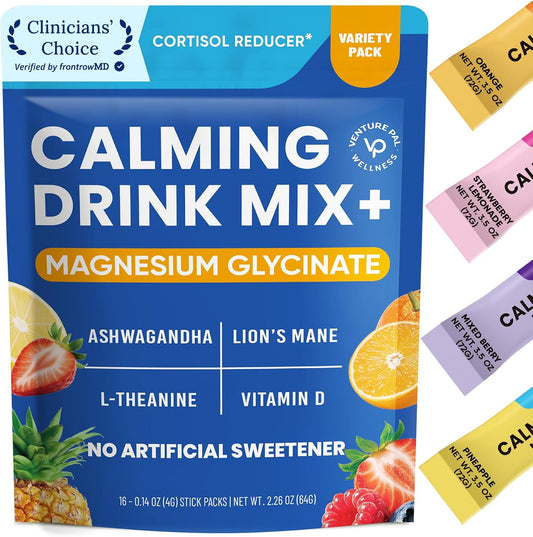 Venture Pal Calm Drink Mix, 12-in-1 Cortisol Reducer & Sleep Aid | Magnesium Glycinate, Ashwagandha, L-Theanine & Vitamin D, Calm Magnesium Powder for Relax & Focus, No Sugar, Non GMO