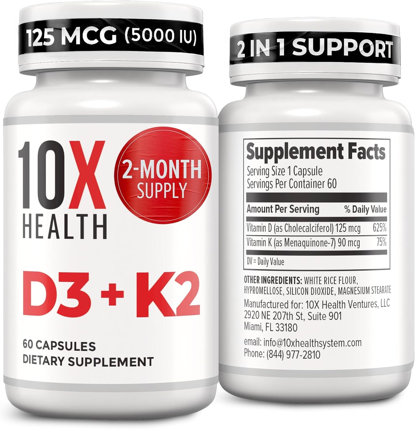 10X Health Vitamin D3 K2-60 Capsules | Vitamin K2 Mk7: 5000 IU Vitamin D3, Bone, Heart & Teeth Support, 60 Capsules